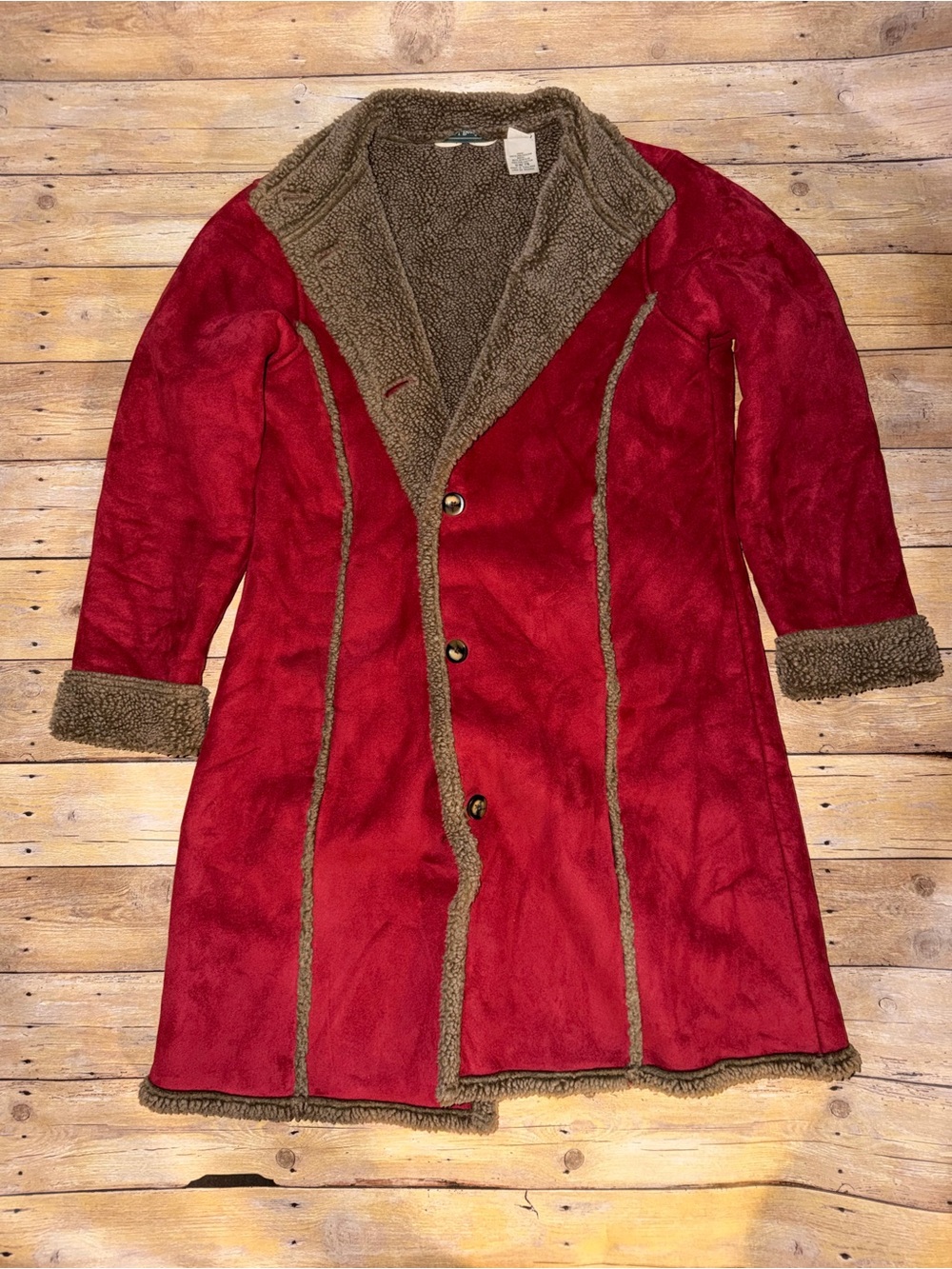 L.L. Bean Red Faux-Suede Shearling Trim Trench Coat